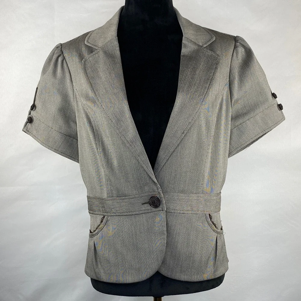 Vintage Y2K Studio Y Brown & White Pleated Short Sleeve Blazer Lace Trim Pockets - Picture 1 of 7